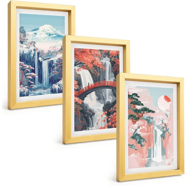 TULUP 4-Delige Schilderij Set - Watervallen, bergen met een brug en bloeiende bomen - 20 x 30 cm - Muurdecoratie - Decoratieve Schilderijen - Wohnzimmer - Moderne Wanddecoratie Gouden lijst