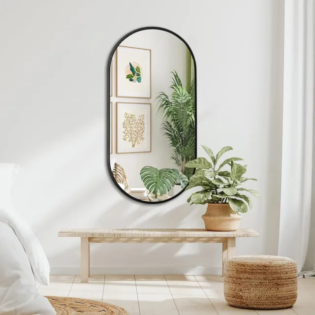 SERALUXE Wandspiegel 100 x 50cm Zwart - Ovaale Hal Spiegel - Badkamer Spiegel - Passpiegel -Klassiek Oval - Ovaale Spiegel - Moderne Spiegel - Wandspiegel Met Haken - Kleedkamer - Slaapkamerspiegel - Metaal - Hangspiegel - Luxe Interieur - Woonen