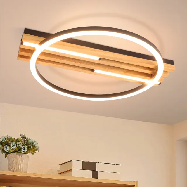 NETTLIFE LED Plafondlamp Hout - 38cm Modern 24W 3000K Zwart Rond Warmwit Design - Voor Slaapkamer Keuken Woonkamer Gang Kantoor & Eetkamer - Zonder Lampen houtkleur