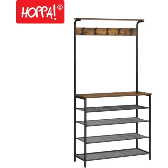 Hoppa! Kapstok - 5 dubbele haken, 5 niveaus met plank - Bruin-zwart - 80 x 31,5 x 174 cm (B x D x H)
