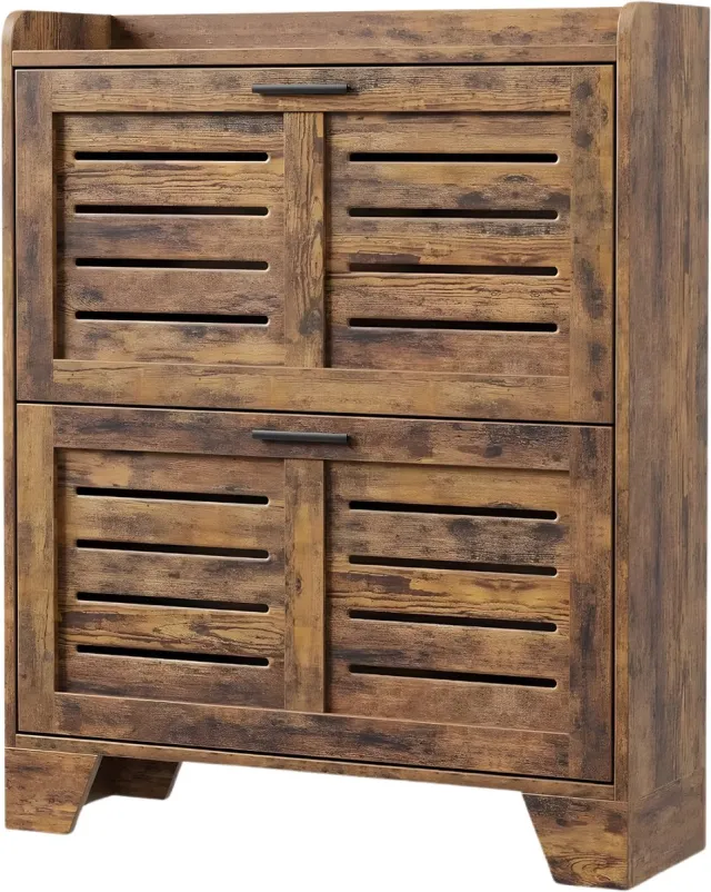 Happiq Slanke Schoenenkast - Voor ingang en foyer - Met 2 klapladen en haken - Vrijstaand / Smal - Rustic Bruin Rustic Brown