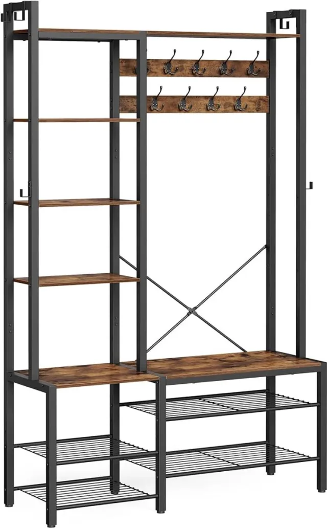 MAZAZU Kapstok - Met schoenenbank - Vintage bruin en Inktzwart - 120x40x190