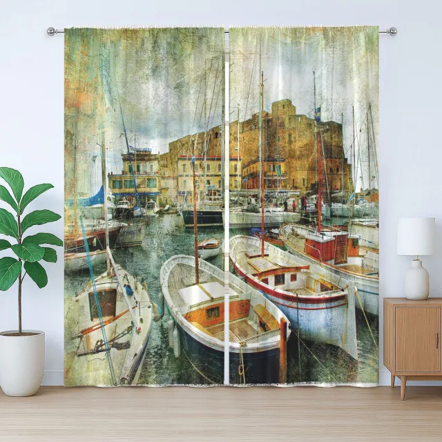 ABAKUHAUS Rustiek Havengordijn, Boten in Napels, Slaapkamergordijn met plooien, lussen en haken, 280 x 260 cm, Bruin Blauw Wit