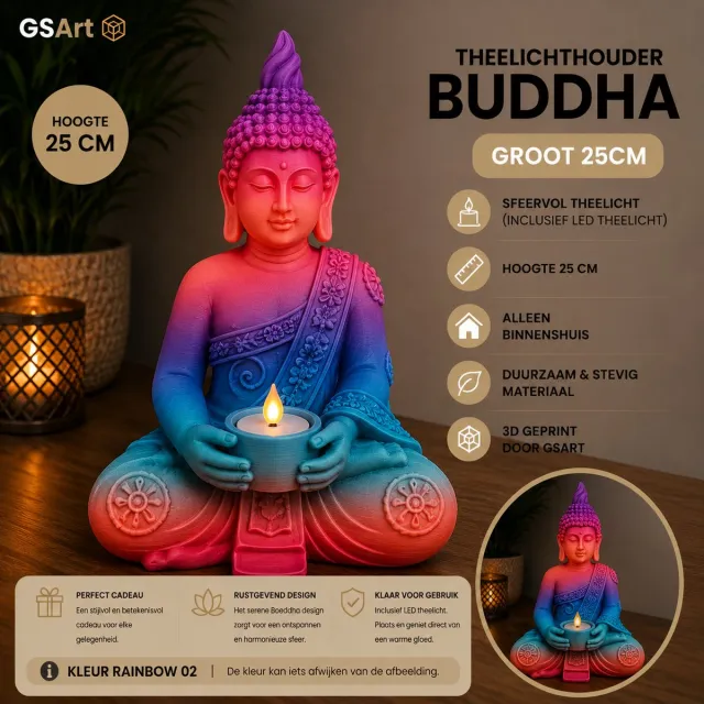 GSArt Theelichthouder Buddha Groot 25 cm – Boeddha Beeld met LED Theelichtje - Rainbow 02