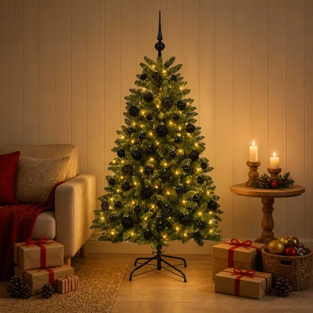 vidaXL Kunstkerstboom middengroen met kerstbal 150 cm 150 LED's