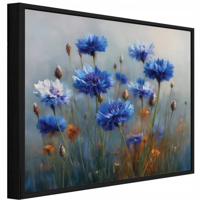 WALLARENA Schilderij op canvas in zwarte lijst - 40x30 cm - blauwe bloemen - wanddecoratie woonkamer en slaapkamer Veelkleurig