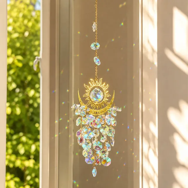 FLITI Kristallen Suncatcher Zon & Maan – Regenboog Raamhanger – Acryl Kristallen – 38 cm – 84 g – Goudkleurig – Voor Raam, Woonkamer & Tuin – 1 stuk Wit