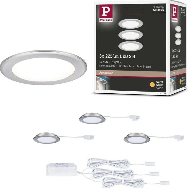 Paulmann LED-meubelinbouwlampen Set van 3 rond 65 mm 3x2,5W 3x180lm 230/12V 3000K Staal geborsteld