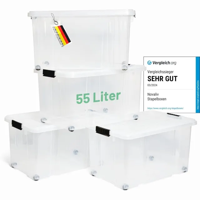 Novaliv 4x opbergdozen met deksel, groot 55L, transparant, nestbaar, stapelbaar met clipsluiting, roldozen, kunststof, BPA-vrij, 61x40x32,5 cm