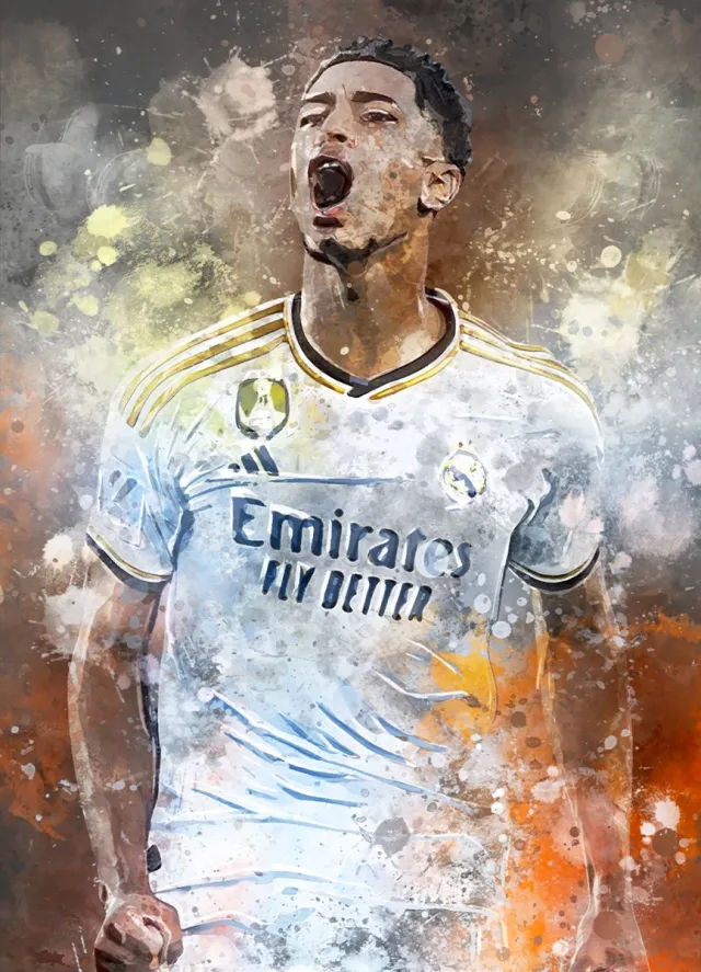 Wallofprints Bellingham poster op A0 semi- glossy papier - 84.1x118.9 cm - Sport poster - Voetbal poster - Unieke poster van Jude Bellingham in Real Madrid tenue met donkergrijze achtergrondkleur