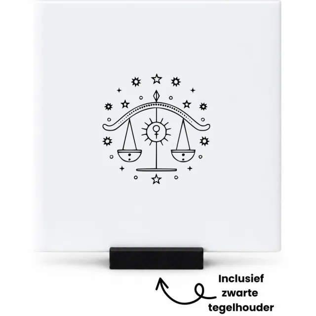 Hacebo Weegschaal tegeltje met tegelhouder - Weegschaal - Sterrenbeeld Weegschaal - tegeltjes met tekst - Leuk kado voor iemand die van sterrenbeelden houd - spreuktegels - 10.8x10.8 CM Wit
