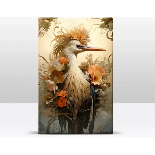 Laqueprtint Laqueprint op steigerhout Kraanvogel met bloemen snavel rechts 19.5 x 30 cm diverse kleuren