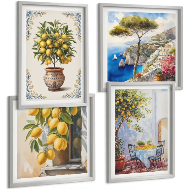 TULUP 4-Delige Schilderij Set - Citroenbomen en -fruit in een zonnig landschap - 40 x 40 cm en 40 x 60 cm - Stijlvolle Wanddecoratie - Interieur - Interieur Decoratie Zilveren lijst