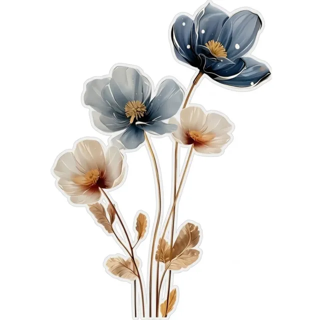 NUVEX Blauw beige bloemen muur sticker – decoratieve bloemen met goudkleurige stelen en bladeren – botanische wanddecoratie voor woonkamer slaapkamer hal en interieur – grote bloem muur sticker Blauw, beige, goudkleurig