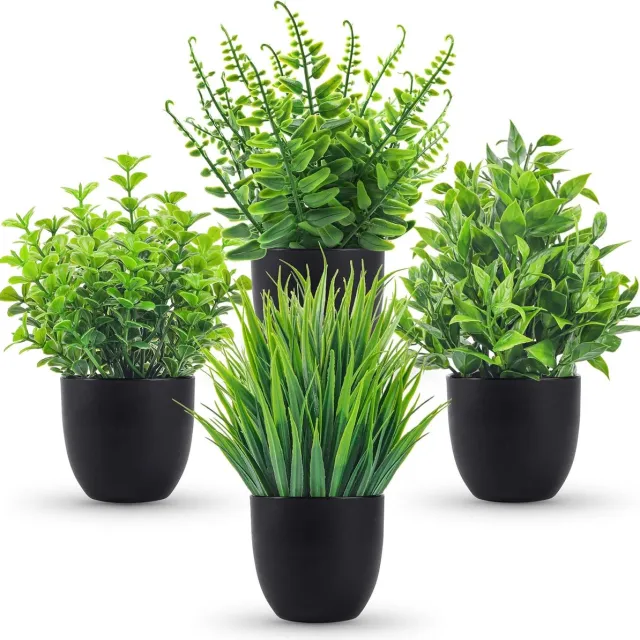 Hemo Kunstplanten Set van 4 in Zwarte Pot – Decoratieve Nepplanten voor Woonkamer, Slaapkamer, Bureau & Badkamer