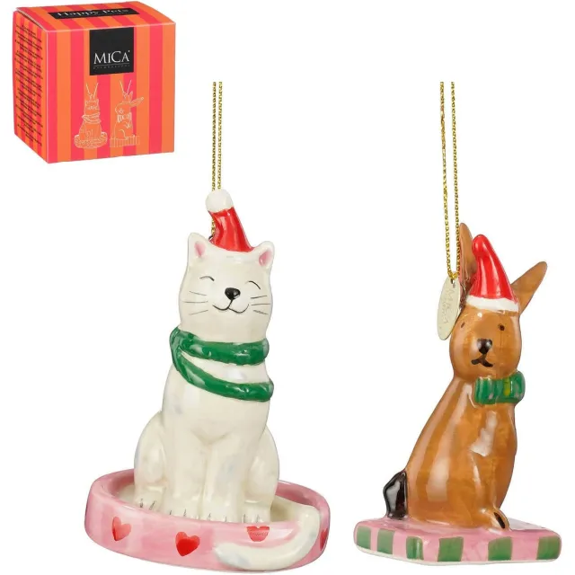 Mica Decorations kerstornament cadeau set - kat - konijntje (2 stuks) Bruin, grijs