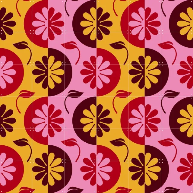 IXXI Floral DNA Pattern 4, Alejandro B. Canoy - 120 x 120 cm - Grote wanddecoratie en posters - Speels, Retro, Woonkamer, Eetkamer, Slaapkamer Oranje / Roze / Rood