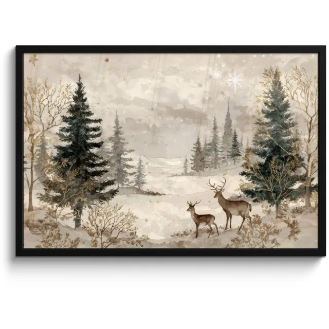 FrameYourWall Poster in lijst - Fotolijst 90x60 cm - Posters - Bos - Herten - Winter - Sneeuw - Posterlijst zwart - Decoratie - Wanddecoratie woonkamer - Muurdecoratie slaapkamer