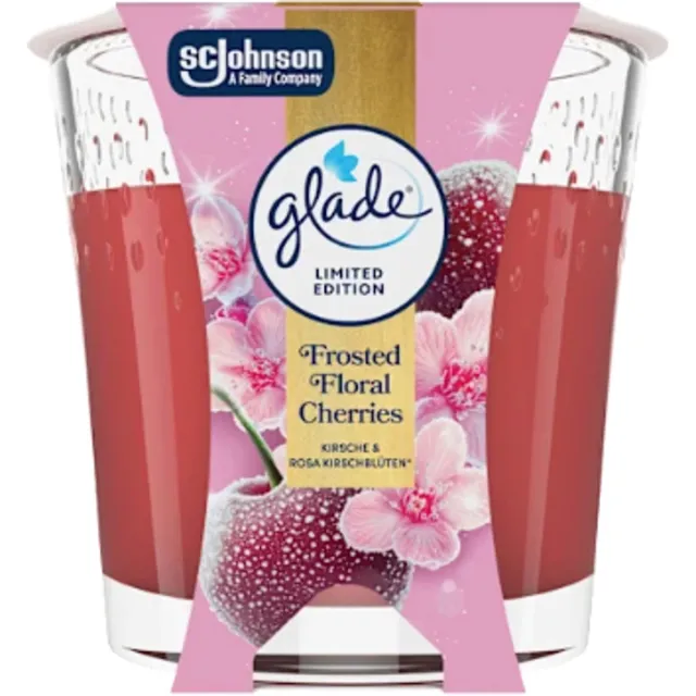 Glade Kerst Geurkaars in Glas - Frosted Floral Cherries - Glade | 1x 112g - Wintergeur Kaars in Glas - Brandduur: tot 30 uur Roze