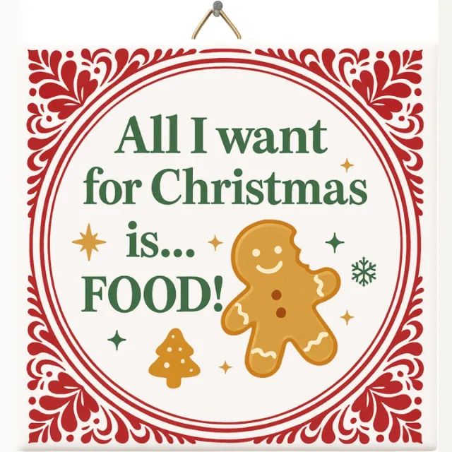 Niet mokken All I Want for Christmas Is Food Kerst Tegeltje – 15x15 cm Keramisch Wandtegel Met Gingerbread Man – Grappige Kerstdecoratie voor Keuken, Woonkamer of Kantoor – Perfect Cadeau voor Foodies, Bakkers, Koks & Echte Bourgondiërs – Inclusief Ophangsysteem wit/rood