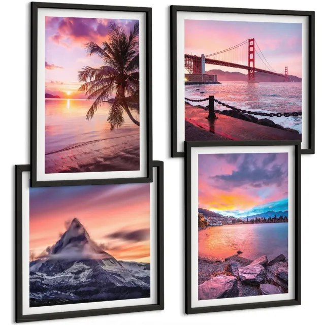 Coloray 4-Delige Schilderij Set - Zonsondergangen Boven De Brug En Het Waterlandschap - 40 x 40 cm En 40 x 60 cm - Decoratieve Muurdecoratie - Slaapkamer - Interieur Decoratie Zwarte lijst