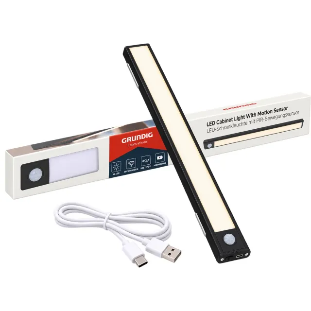 Grundig Kastverlichting Led Oplaadbaar - Kastlamp Binnen met PIR-Sensor - Keukenverlichting Draadloos - Oplaadbare Wandlamp - Magnetisch - USB C Lamp - 48 Leds - Zwart