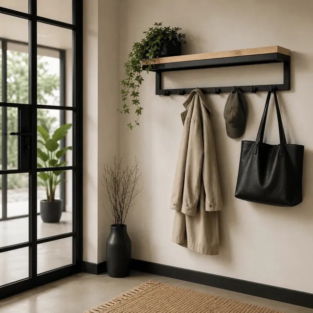 Wibema Meubelen Milton kapstok met plank – 6 haken – 60 × 25 × 18 cm – hout en staal – Wibema Mat Zwart
