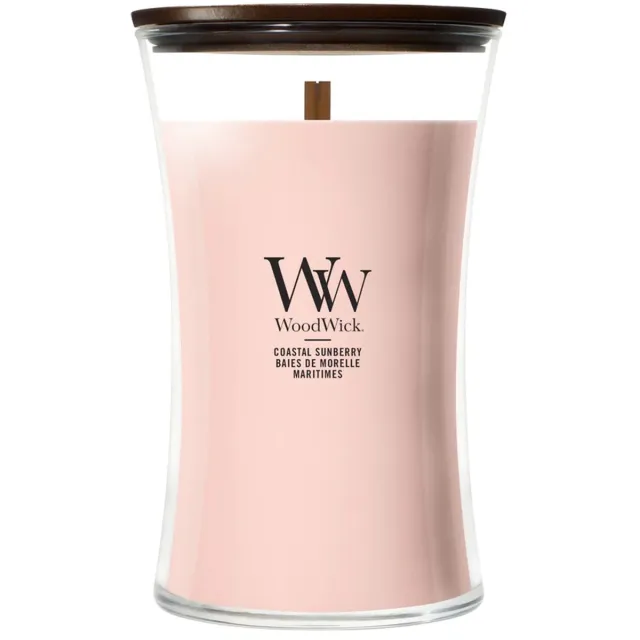 Woodwick Hourglass - Coastal Sunberry - Large Geurkaars - 130 branduren Roze