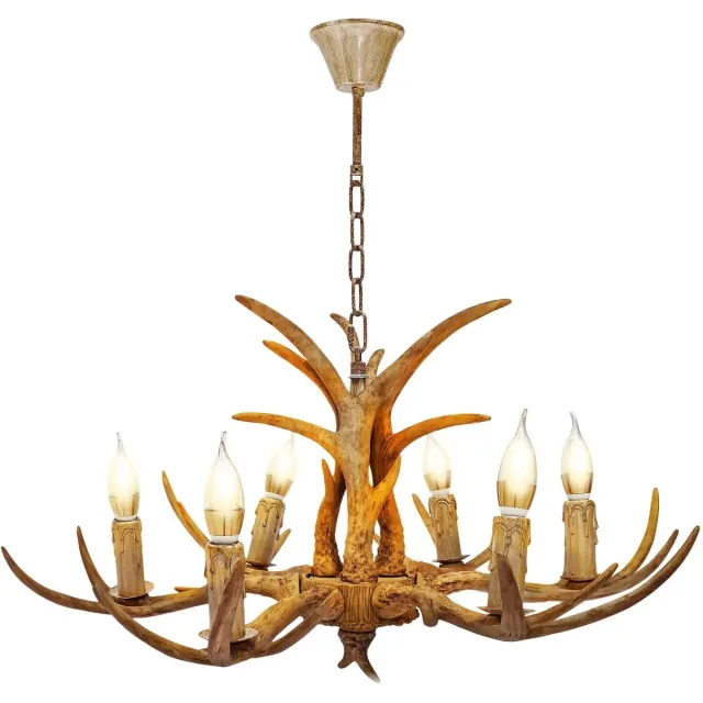 Archi Plafondlamp - Kroonluchter – Gewei - 6-lichts Hertenhoorn Hanglamp – E14 Fitting – Met Lampen - 76 × 53 cm – Bruin
