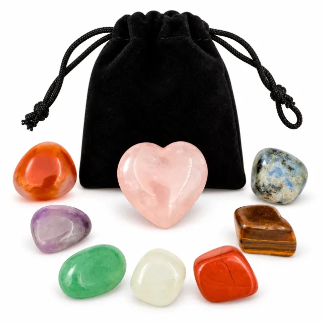 Winkrs Edelstenen met Rozenkwarts Hart in fluwelen Zakje - Inclusief uitleg van stenen - Gepolijste Chakra Stenen/Mineralen/Kristallen 7 stenen + rozekwarts hart