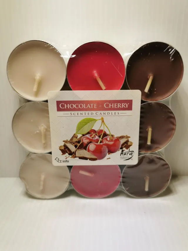 Bispol geurtheelichten bispol chocolade-cherry 18 stuks roze 6 stuks rood : 6 stuks bruin ; 6 stuks
