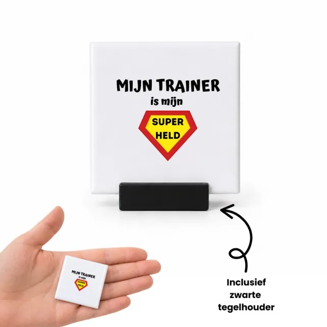 Hacebo mijn trainer is mijn superheld tegeltje met tegelhouder - Trainer - super trainer - tegeltjes met tekst - sport - verjaardag - cadeautje voor trainer - trainer artikelen - kado - geschenk - spreuktegels - 4.8x4.8 CM Wit