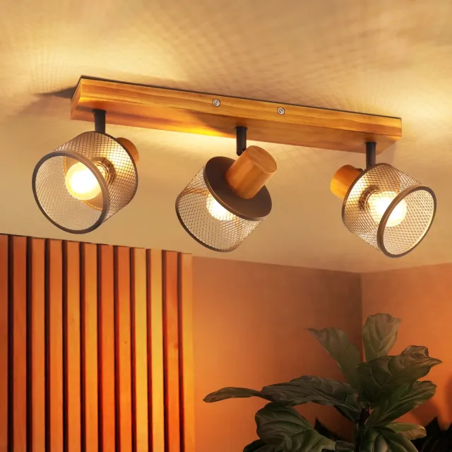 NETTLIFE Houten Plafondlamp 3 Lichts E14 - Vintage Zwarte Plafondstraler - Industriëel Metalen Ontwerp - 350° Verdraaibaar - Decoratie Voor Keuken Slaapkamer Gang - Zonder Lichtbron