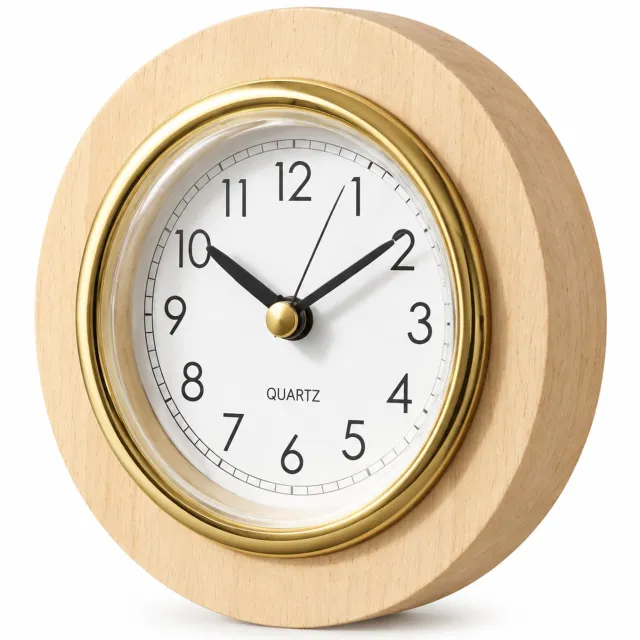 SWGOTA Magnetische houten koelkastklok - naturel met goudkleurige rand - stille kwartsklok met cijfers voor keuken en woonkamer