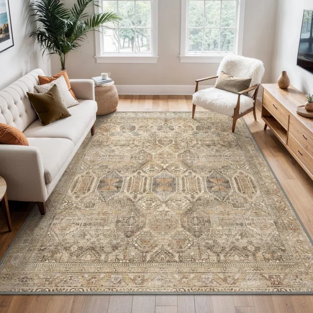 GENIMO Tapijt -Wasbaar vintage bohemian design-Antislip en geschikt voor vloerverwarming-Voor woonkamer, eetkamer en slaapkamer-Ocker Naturel