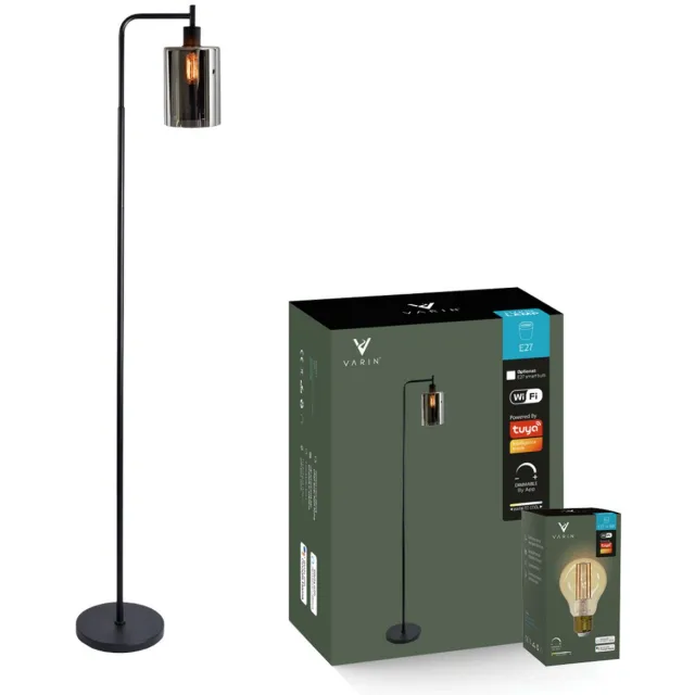 Varin Design Vloerlamp met Smoke glas - Zwart - incl. E27 LED Filament - Warm wit instelbaar - Dimbaar - Tuya wifi - Smart lamp - Slimme staande lampen - Vloerlamp woonkamer - Staande lamp - Modern industrieel - Design vloerlampen - Sfeerlamp Zwart met smoke glas design