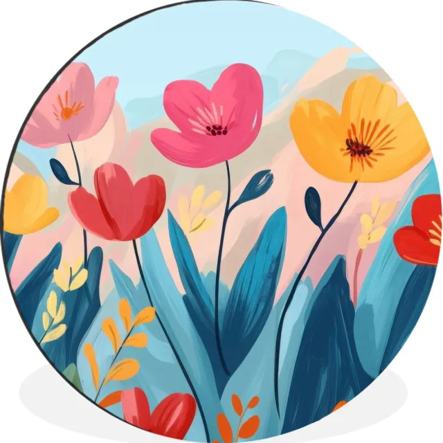 WallCircle Wandcirkel - Muurcirkel - Illustratie - Bloemen - Kleurrijk - Aluminium - Dibond - 60x60 cm - Binnen en Buiten