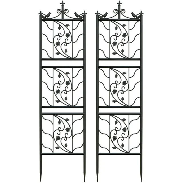 Whoopr® Set van 2 Metalen Tuin Trellissen – 50x195 cm Klimrek met Blad- en Vogelmotief – Trellis - Decoratief Klimplantenrek / Klimrooster voor Tuin, Schutting of Bloembak Zwart