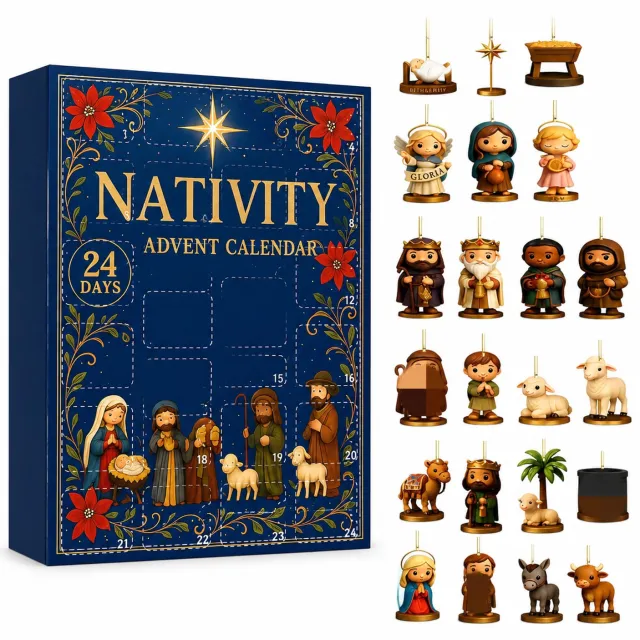 SWGOTA Adventskalender met kerststalthema - 24 vakjes - Platte hangdecoraties - In papieren doos Blauw