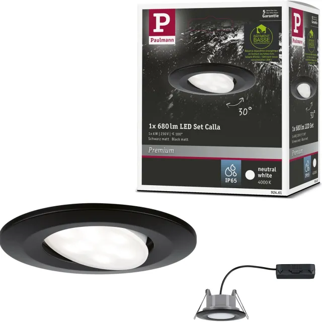 Paulmann LED-inbouwlamp Calla zwenkbaar IP65 rond 90 mm 30° 6W 500lm 230V 4000K Zwart mat