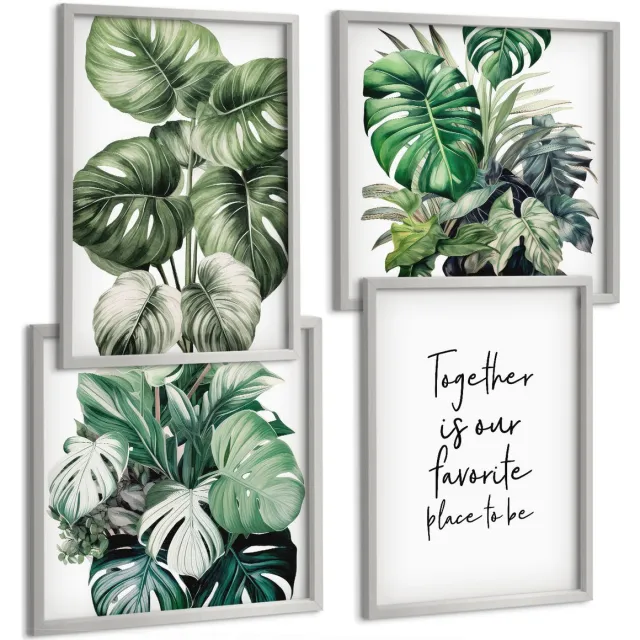 TULUP 4-Delige Schilderij Set - Groene bladeren van tropische planten met decoratieve inscriptie - 40 x 40 cm en 40 x 60 cm - Moderne Wanddecoratie - Slaapkamer - Woonkamer Decoratie Zilveren lijst
