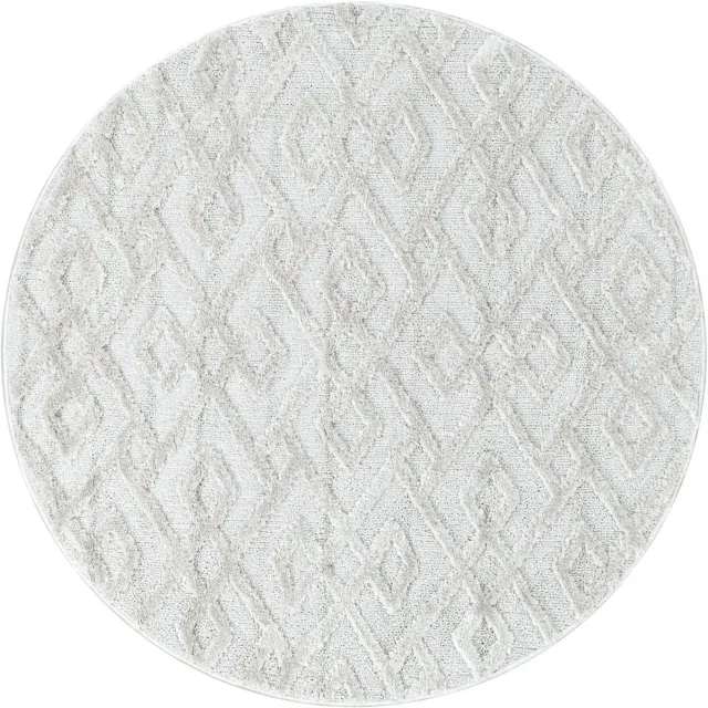 Ayyildiz Hoogpolig vloerkleed met geometrisch patroon, crèmekleur, geschikt voor de woonkamer, met jute achterkant, rond formaat: 200 cm.