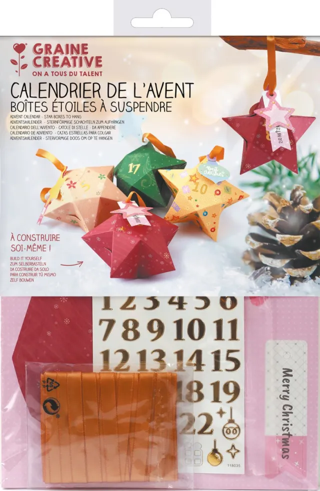 Graine Creative adventskalender sterren DIY set met stickers en lint.