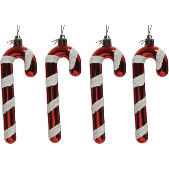 Decoris 4x Kerstboomhangers rood/witte zuurstokken 12 cm kerstversiering - Rood/witte kerstversiering/boomversiering Multi