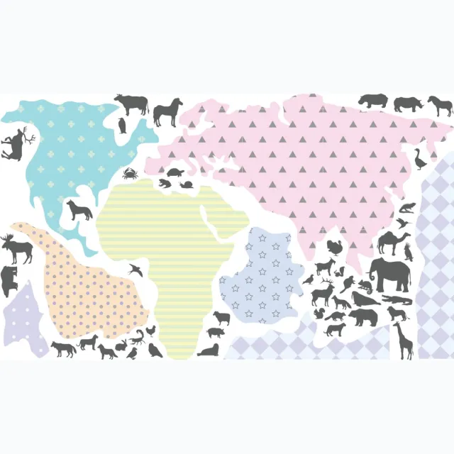 Ambiance Sticker Muurstickers - Wereldkaart + Dieren - Transparante achtergrond - 80x135cm Multi color
