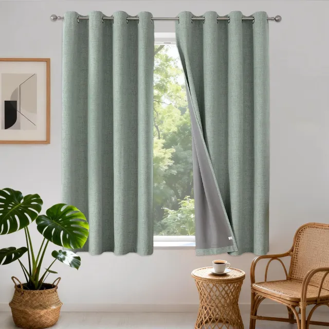 Famanu Gordijnen set van 2 stuks, linnenlook, 100% ondoorschijnend, met gecoate achterkant, verduisteringsgordijnen voor slaapkamer en woonkamer, ideaal voor het behouden van een comfortabele temperatuur Groen