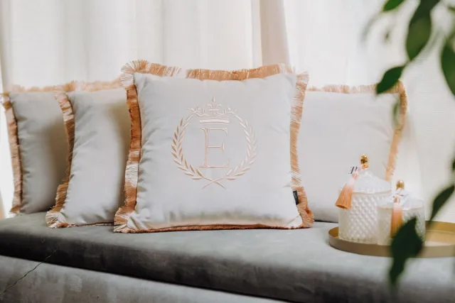 Sandra Mika Embroidered pillow / personalised pillow / monogram pillow / decorative cushion 40x 40 beige velvet letter E