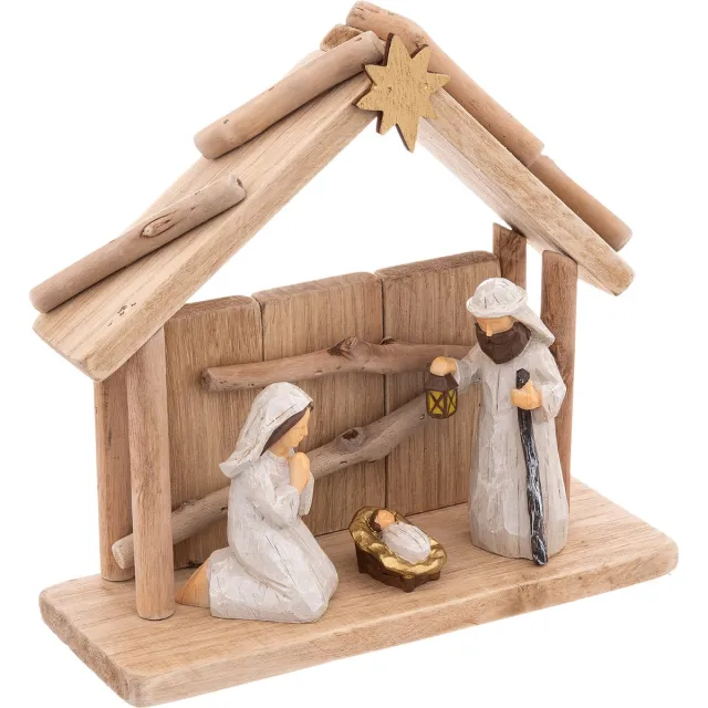 Feeric lights & Christmas Kerststal - met beeldjes - L20 x B8 x H19,5 cm - hout/polyresin Bruin