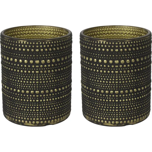 Countryfield Luxe theelichthouder - 2x - Aurora - glas - zwart/goud - D7 x H8 cm