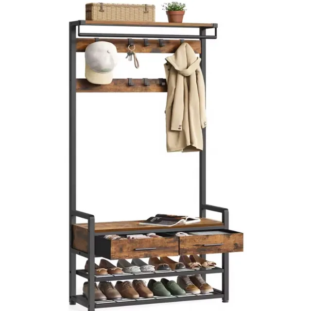 Gudalio Kapstok met Schoenenrek en Zitbank - Garderoberek - Halmeubel - Met Haken, Lades en Opbergruimte - 181,6 cm - Metaal en Hout Zwart